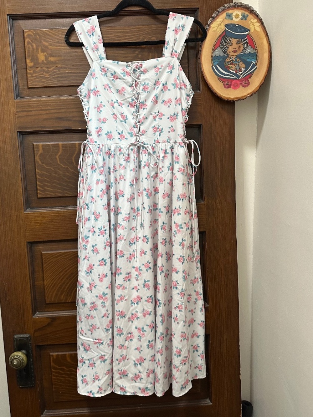 SCARLET DARKNESS Rose Print Corset Midi Dress, Cottage Core, Medium
